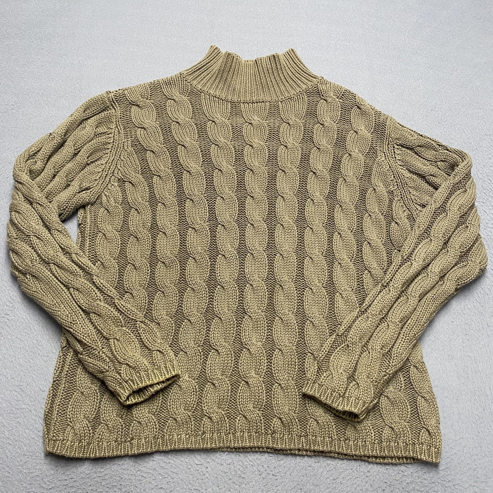 Ll Bean Sweater Womens Medium Tan Cable Knit Mock Neck 100% Cotton Pullover